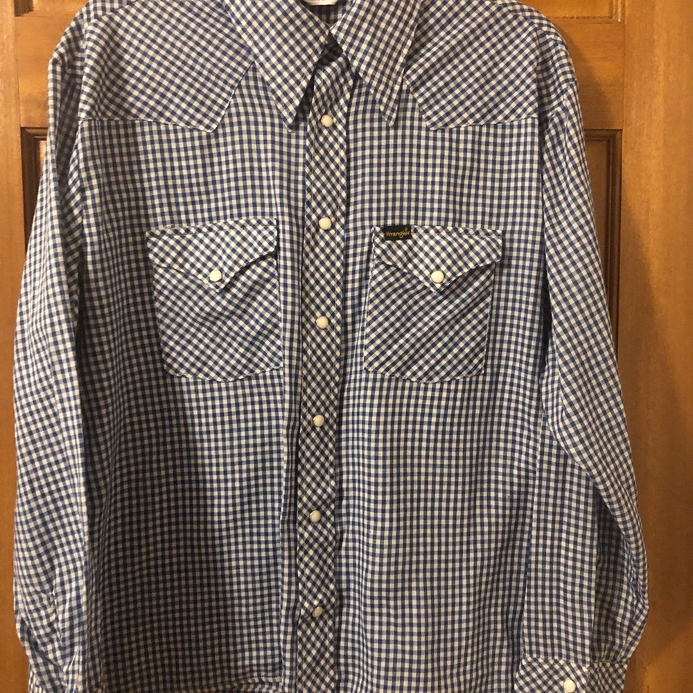 Mens XL Pearl Snap Wrangler Lightweight Blue and White Checked Long Sleeve